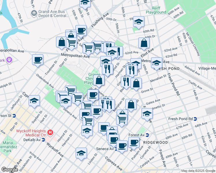 map of restaurants, bars, coffee shops, grocery stores, and more near 20-28 Himrod Street in Queens