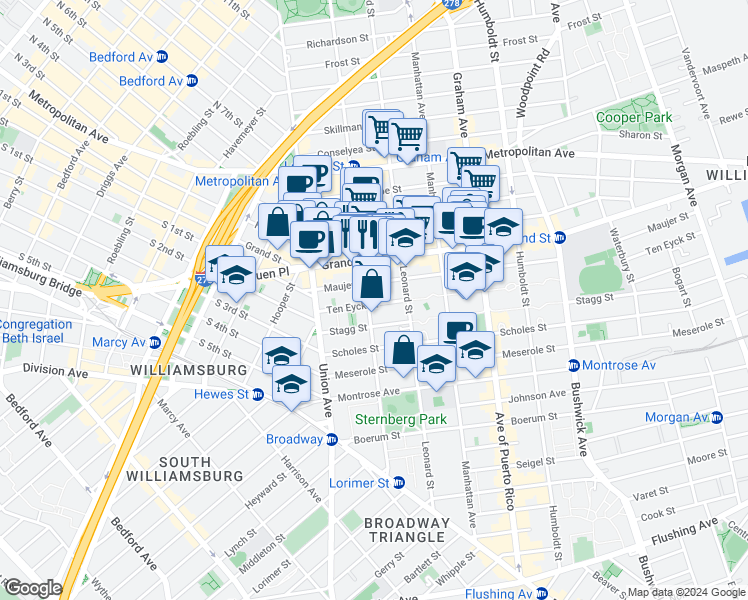 map of restaurants, bars, coffee shops, grocery stores, and more near 49 Ten Eyck Street in Brooklyn