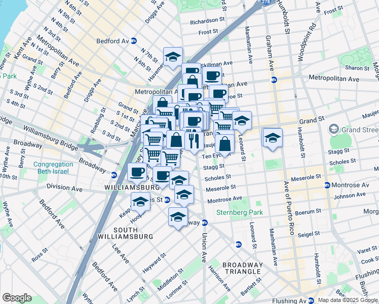 map of restaurants, bars, coffee shops, grocery stores, and more near 392 South 1st Street in Brooklyn