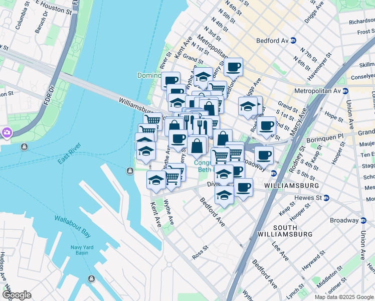 map of restaurants, bars, coffee shops, grocery stores, and more near 101 South 8th Street in Brooklyn