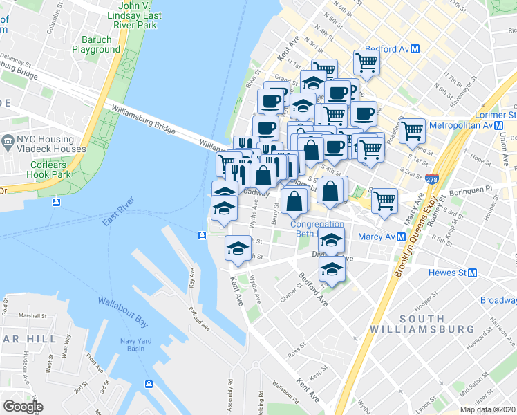map of restaurants, bars, coffee shops, grocery stores, and more near 60 Broadway in Brooklyn