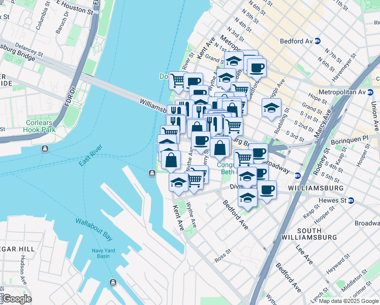 map of restaurants, bars, coffee shops, grocery stores, and more near 60 Broadway in Brooklyn