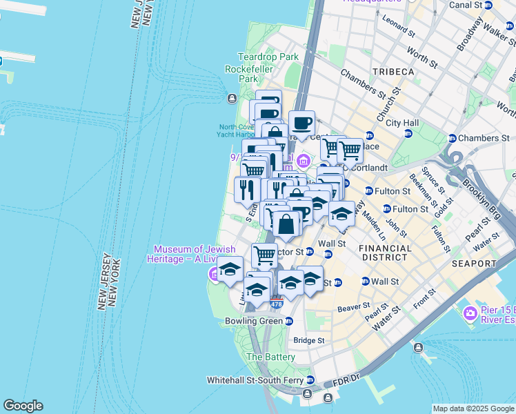 map of restaurants, bars, coffee shops, grocery stores, and more near 315 South End Avenue in New York