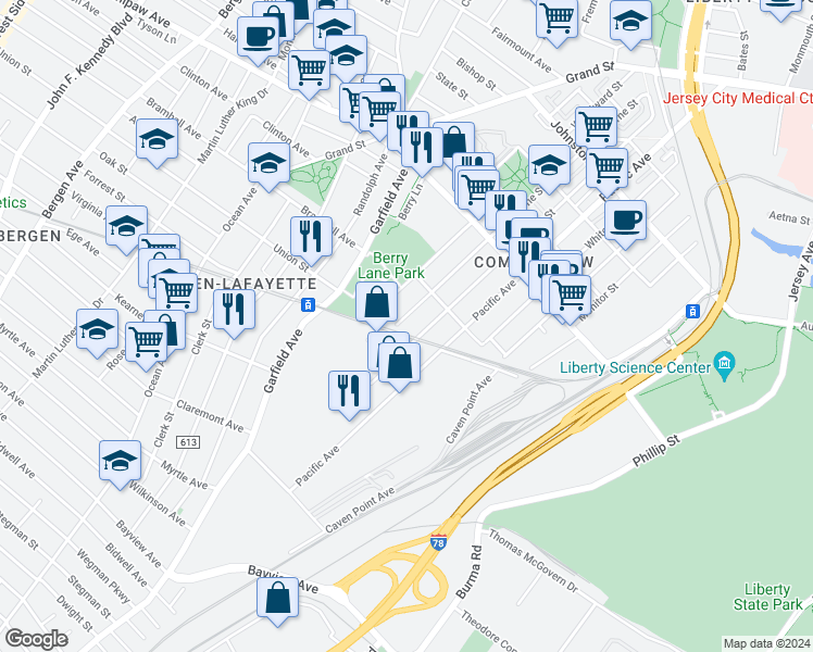 map of restaurants, bars, coffee shops, grocery stores, and more near 100 Van Horne Street in Jersey City