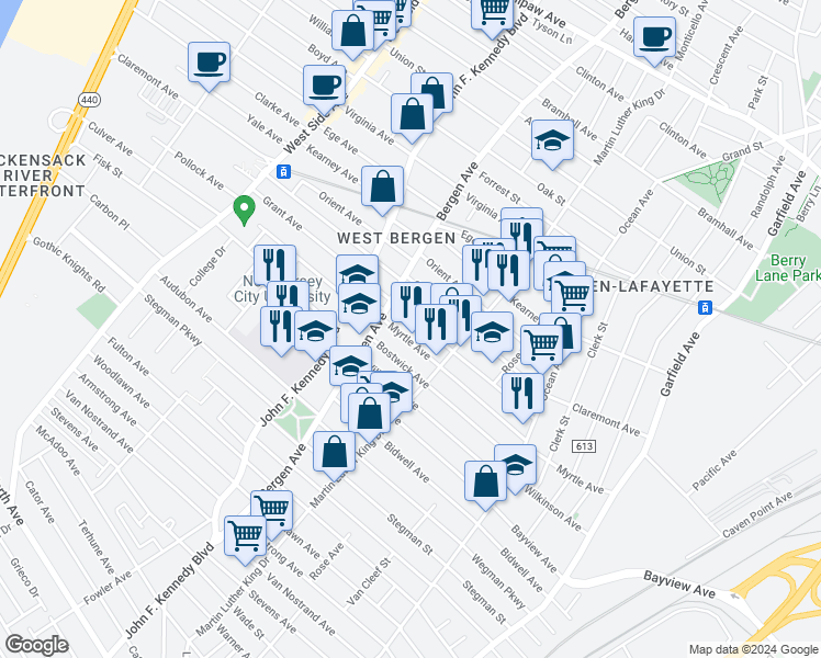 map of restaurants, bars, coffee shops, grocery stores, and more near 114 Grant Avenue in Jersey City