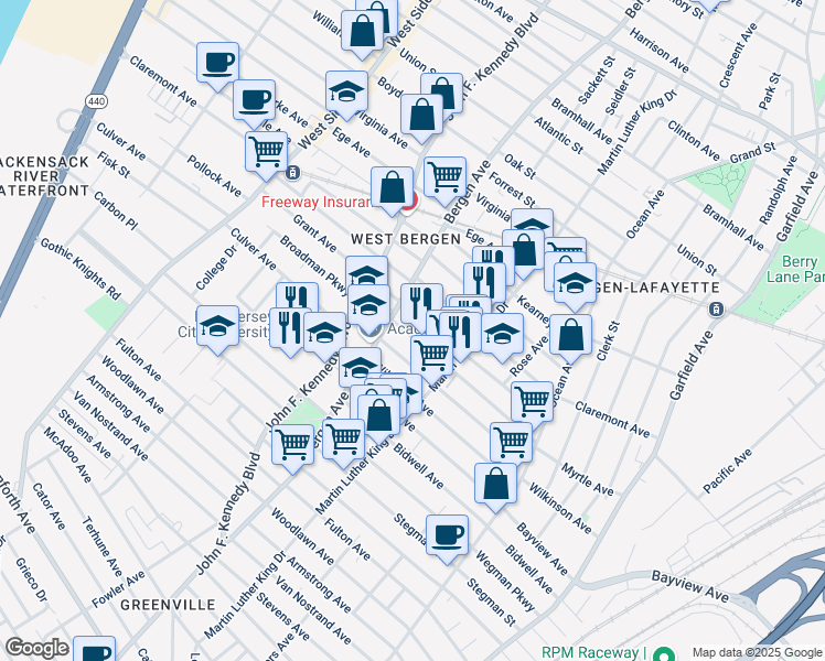 map of restaurants, bars, coffee shops, grocery stores, and more near 232 Bergen Avenue in Jersey City