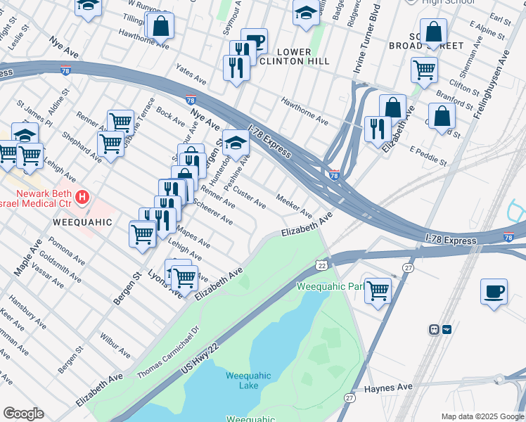 map of restaurants, bars, coffee shops, grocery stores, and more near 54-56 Custer Avenue in Newark