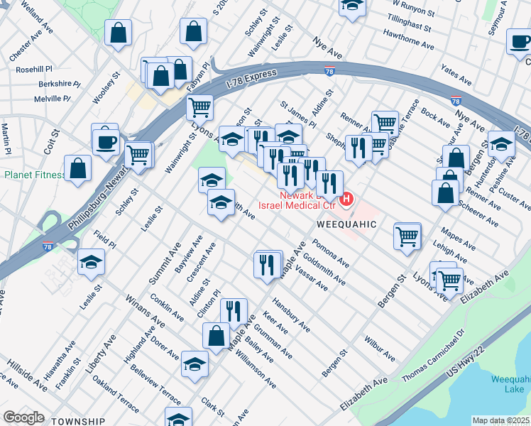 map of restaurants, bars, coffee shops, grocery stores, and more near 241 Pomona Avenue in Newark