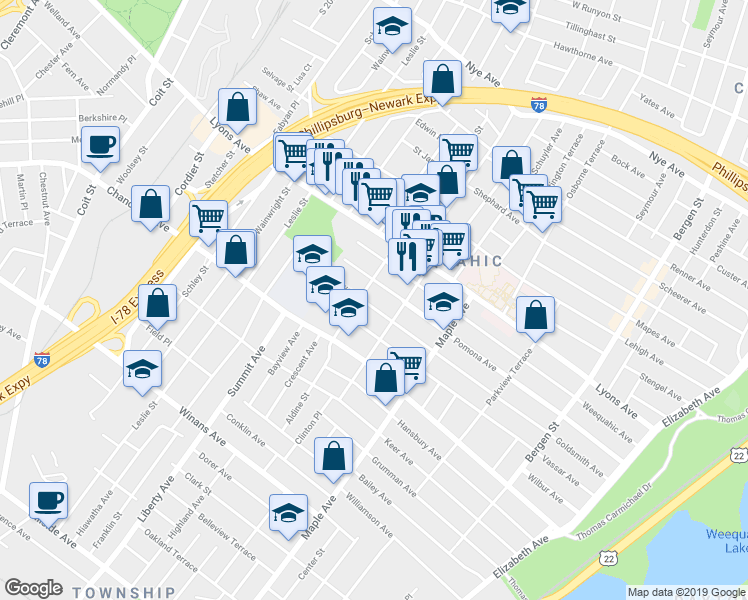 map of restaurants, bars, coffee shops, grocery stores, and more near 279 Goldsmith Avenue in Newark