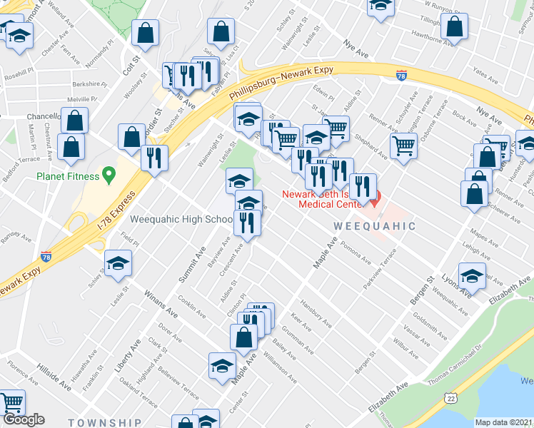 map of restaurants, bars, coffee shops, grocery stores, and more near 279 Goldsmith Avenue in Newark