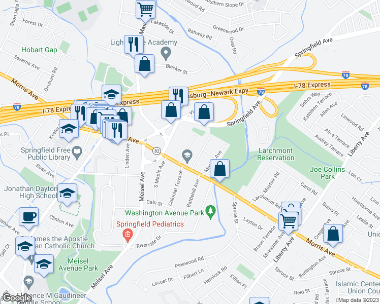 map of restaurants, bars, coffee shops, grocery stores, and more near 10 Alvin Terrace in Springfield