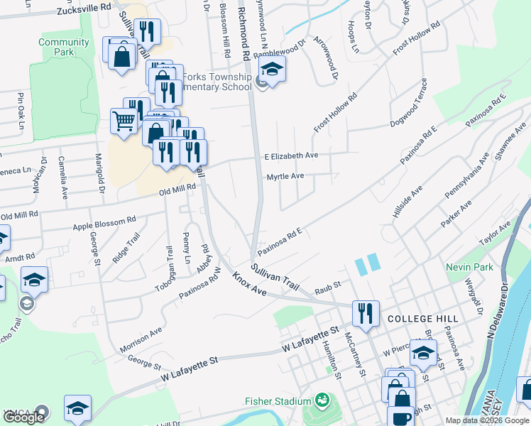 map of restaurants, bars, coffee shops, grocery stores, and more near 1333 State Route 2021 in Easton