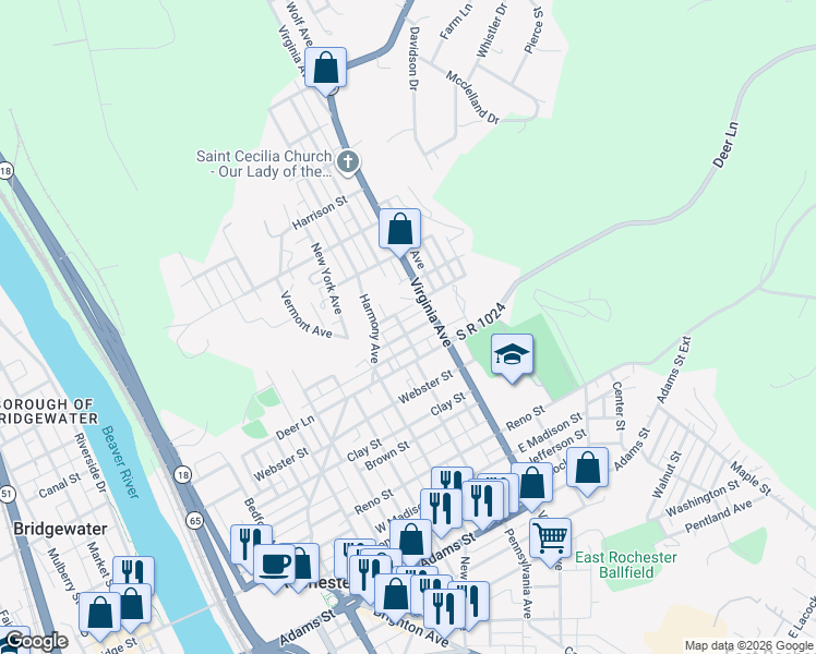 map of restaurants, bars, coffee shops, grocery stores, and more near 452 Park Street in Rochester