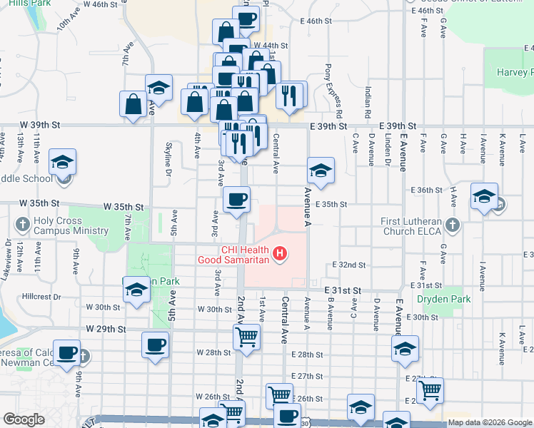 map of restaurants, bars, coffee shops, grocery stores, and more near 3416-3498 Central Ave in Kearney