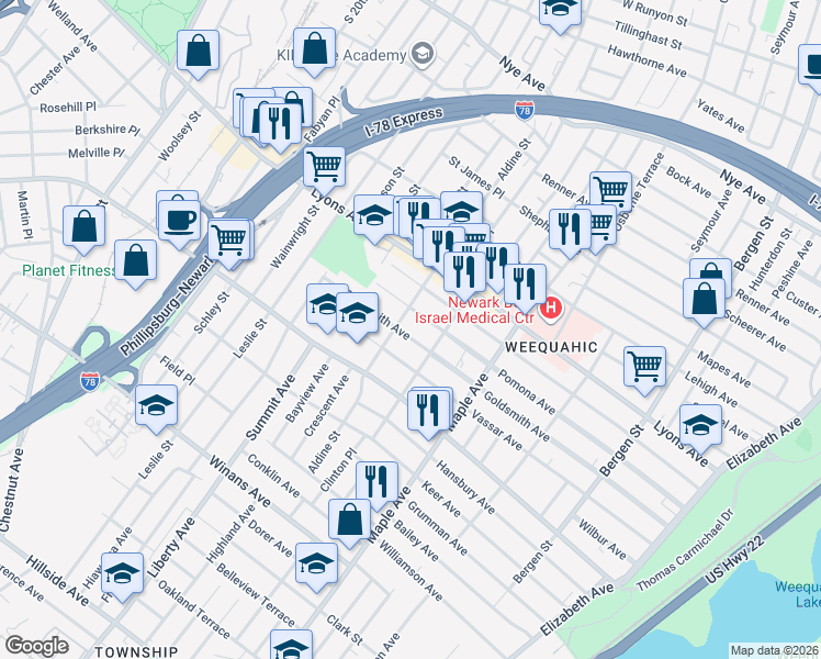 map of restaurants, bars, coffee shops, grocery stores, and more near 279 Goldsmith Avenue in Newark