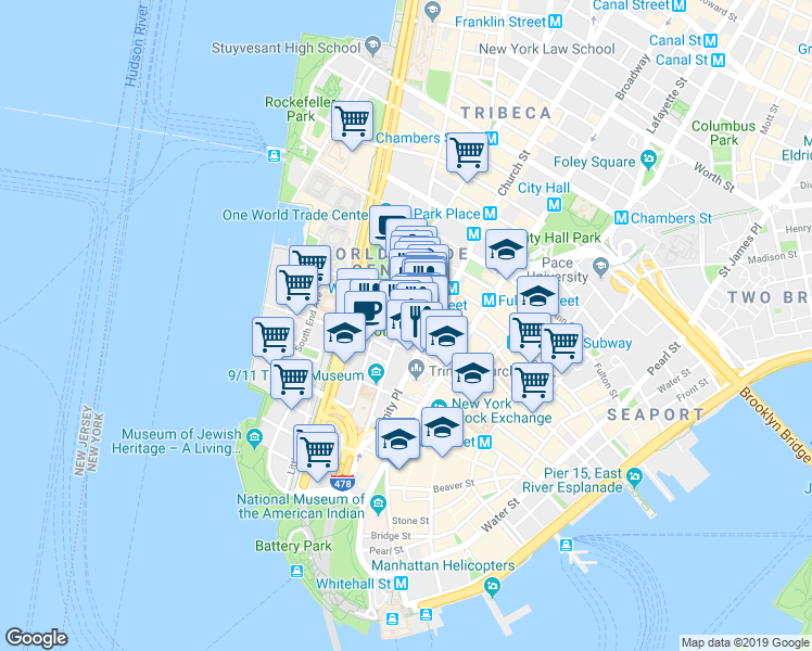 map of restaurants, bars, coffee shops, grocery stores, and more near 124 Liberty Street in New York