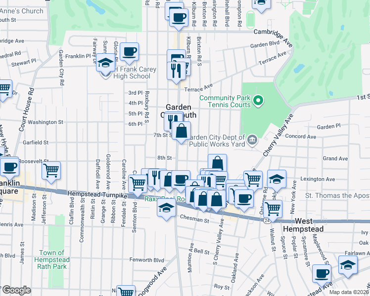 map of restaurants, bars, coffee shops, grocery stores, and more near 123 Kilburn Road South in West Hempstead