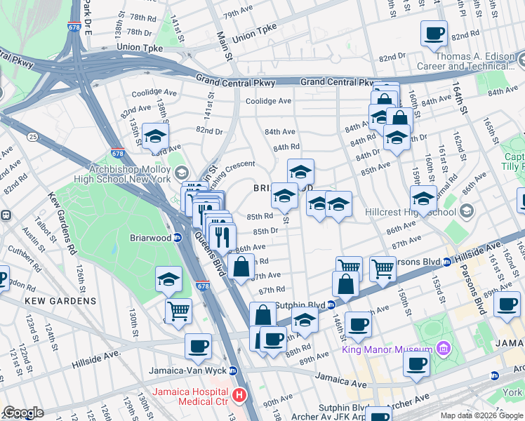map of restaurants, bars, coffee shops, grocery stores, and more near 141-41 85th Road in Queens