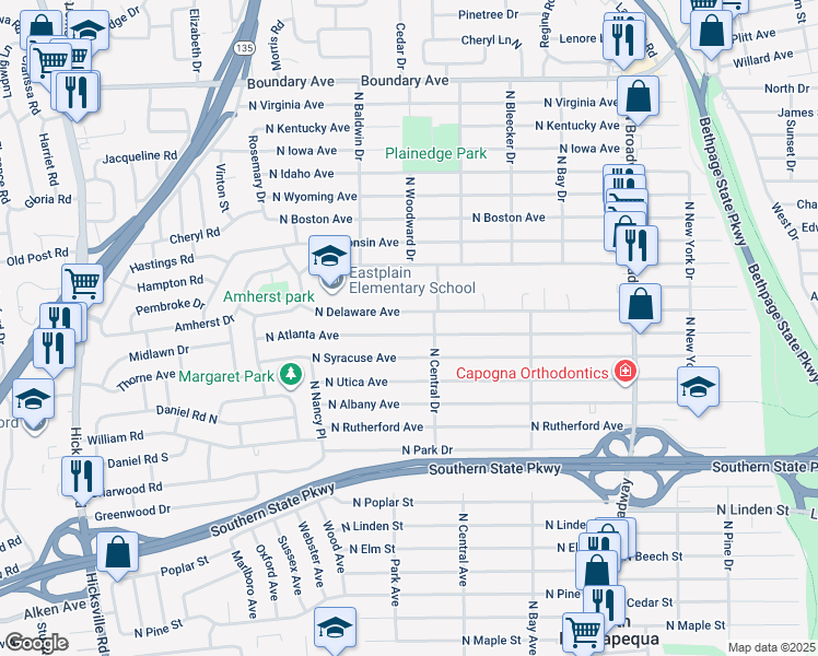 map of restaurants, bars, coffee shops, grocery stores, and more near 445 North Atlanta Avenue in Massapequa
