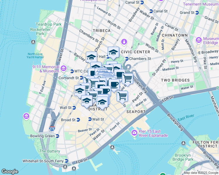 map of restaurants, bars, coffee shops, grocery stores, and more near 119 Fulton Street in New York