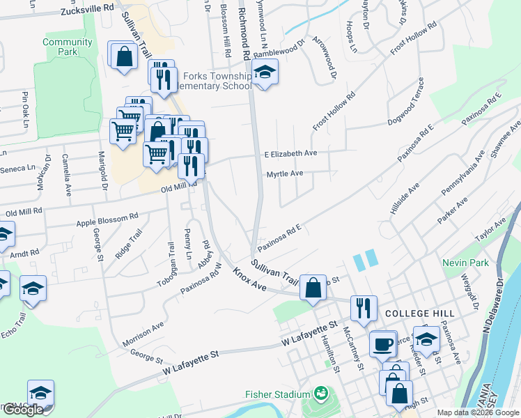 map of restaurants, bars, coffee shops, grocery stores, and more near 1333 State Route 2021 in Easton