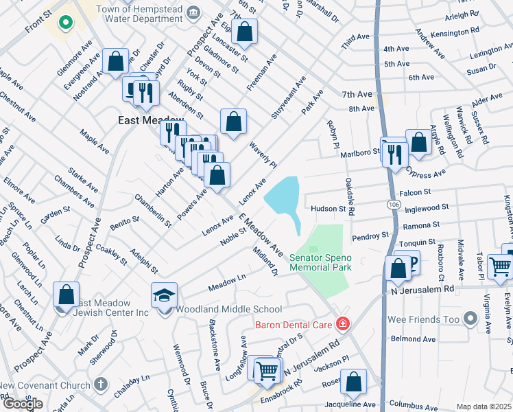 map of restaurants, bars, coffee shops, grocery stores, and more near 1797 Noble Street in East Meadow