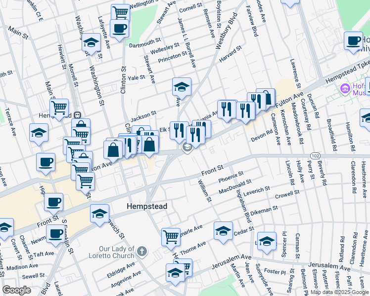 map of restaurants, bars, coffee shops, grocery stores, and more near 473 Fulton Avenue in Hempstead