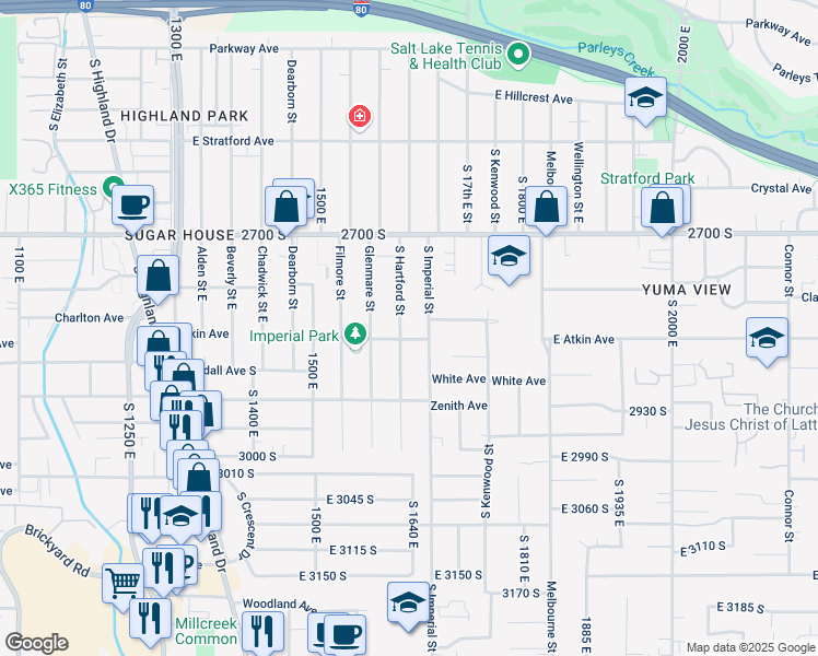 map of restaurants, bars, coffee shops, grocery stores, and more near 2817 South Hartford Street in Salt Lake City