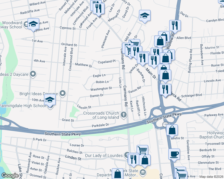 map of restaurants, bars, coffee shops, grocery stores, and more near 110 Washington Street in South Farmingdale