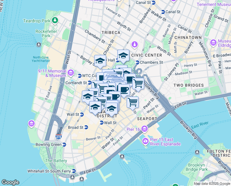 map of restaurants, bars, coffee shops, grocery stores, and more near Fulton Street in New York