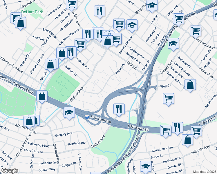 map of restaurants, bars, coffee shops, grocery stores, and more near 1852 Manor Drive in Union