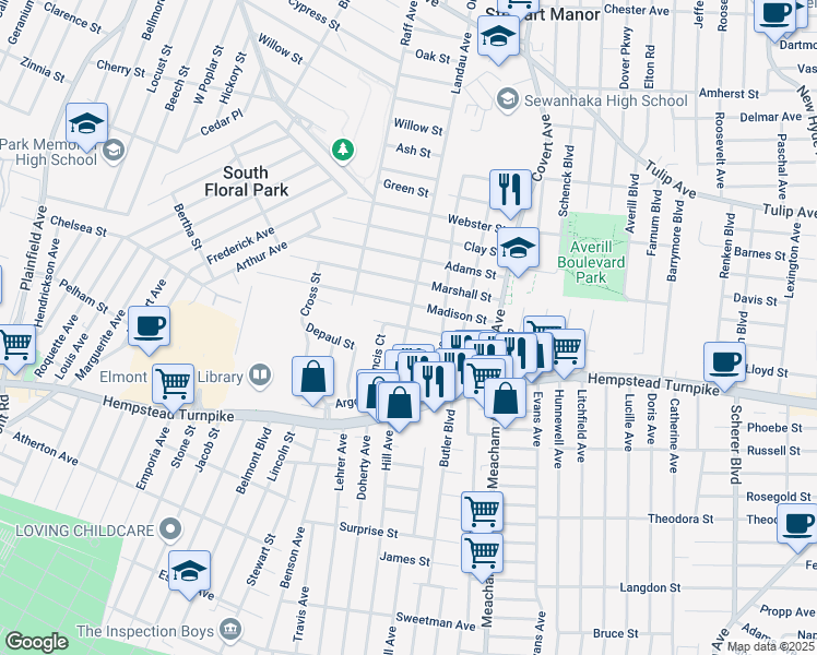 map of restaurants, bars, coffee shops, grocery stores, and more near 1444 Hancock Street in Elmont
