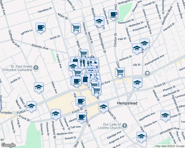 map of restaurants, bars, coffee shops, grocery stores, and more near 35 Station Plaza in Hempstead