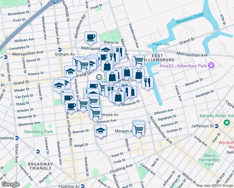 map of restaurants, bars, coffee shops, grocery stores, and more near 304 Stagg St in Brooklyn