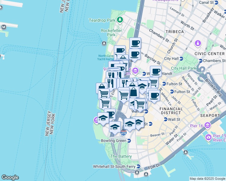 map of restaurants, bars, coffee shops, grocery stores, and more near in New York
