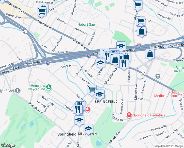 map of restaurants, bars, coffee shops, grocery stores, and more near 30 Brook Street in Springfield