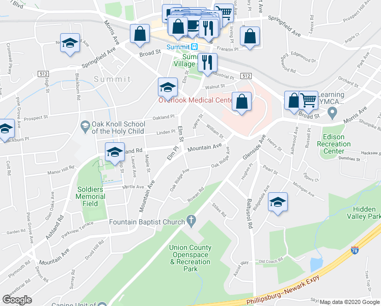 map of restaurants, bars, coffee shops, grocery stores, and more near 46 Mountain Avenue in Summit