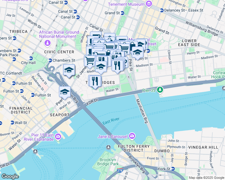 map of restaurants, bars, coffee shops, grocery stores, and more near 414 Water Street in New York