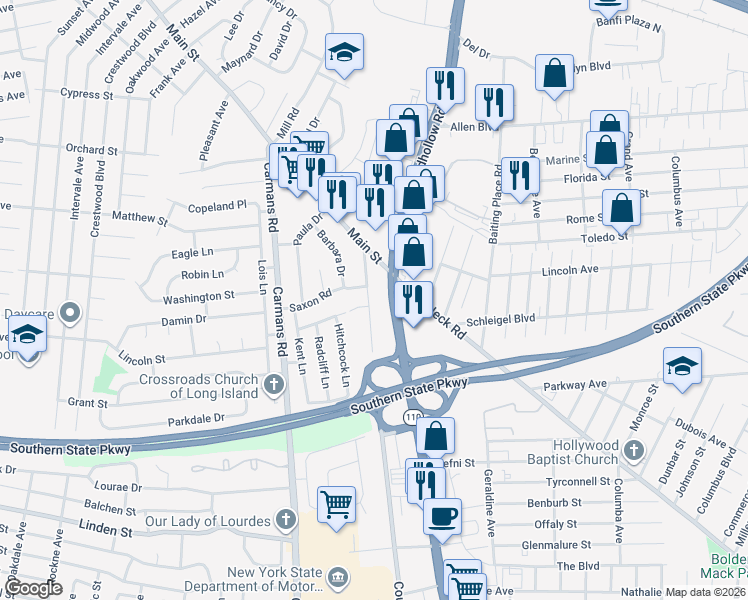 map of restaurants, bars, coffee shops, grocery stores, and more near 25 County Line Road in South Farmingdale