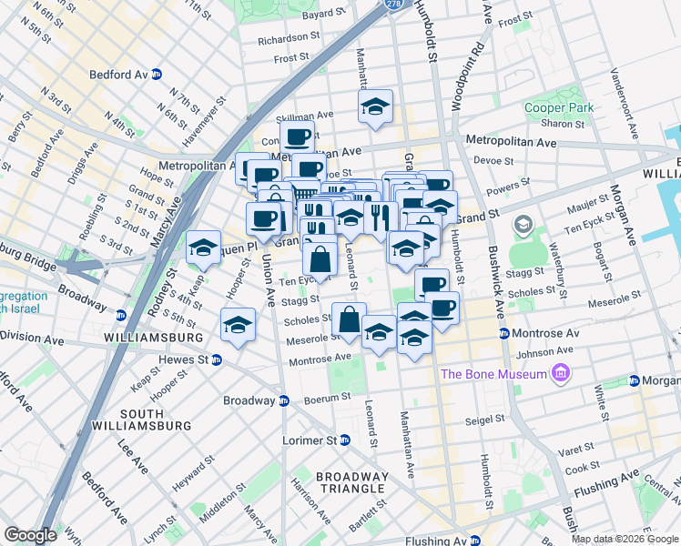 map of restaurants, bars, coffee shops, grocery stores, and more near 69 Ten Eyck Street in Brooklyn