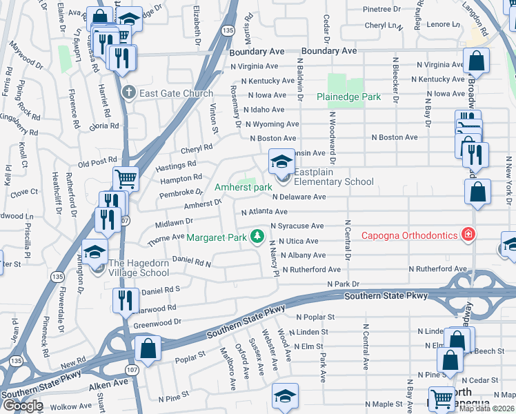 map of restaurants, bars, coffee shops, grocery stores, and more near 517 North Atlanta Avenue in Massapequa