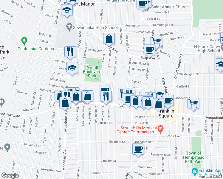 map of restaurants, bars, coffee shops, grocery stores, and more near 58 Barrymore Boulevard in Franklin Square