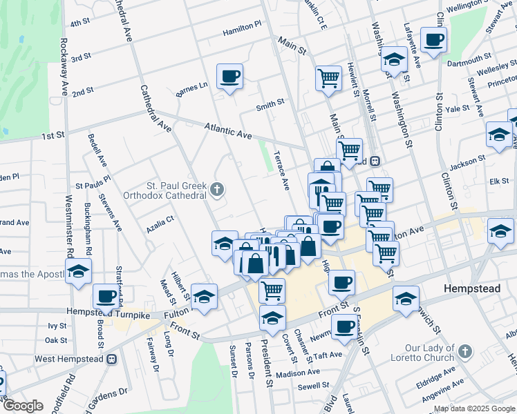 map of restaurants, bars, coffee shops, grocery stores, and more near 86 Hilton Avenue in Hempstead