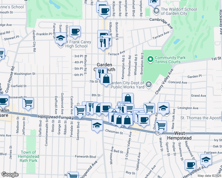 map of restaurants, bars, coffee shops, grocery stores, and more near 123 Kilburn Road South in West Hempstead
