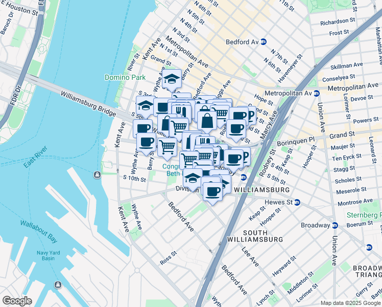 map of restaurants, bars, coffee shops, grocery stores, and more near Broadway & Driggs Ave in Brooklyn