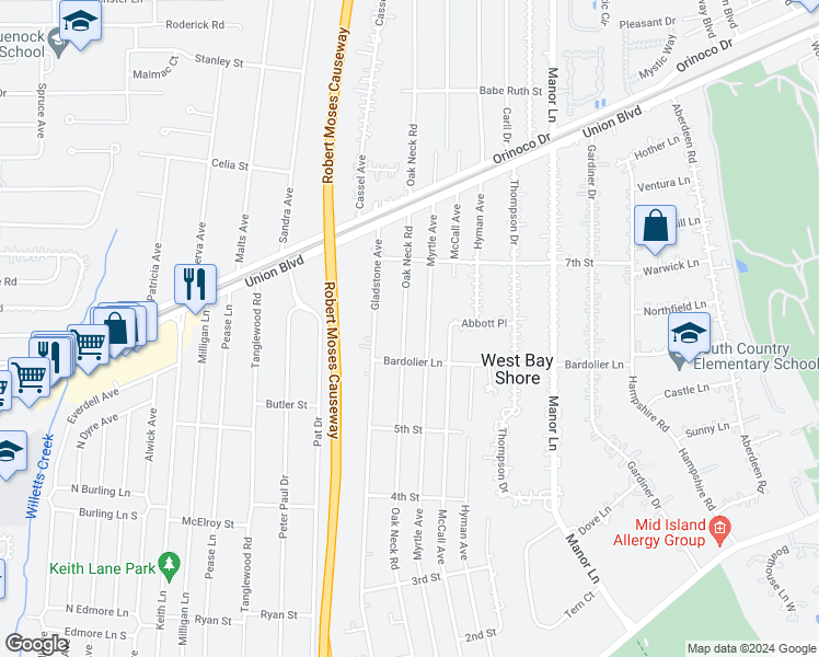 map of restaurants, bars, coffee shops, grocery stores, and more near 614 Oak Neck Road in West Islip