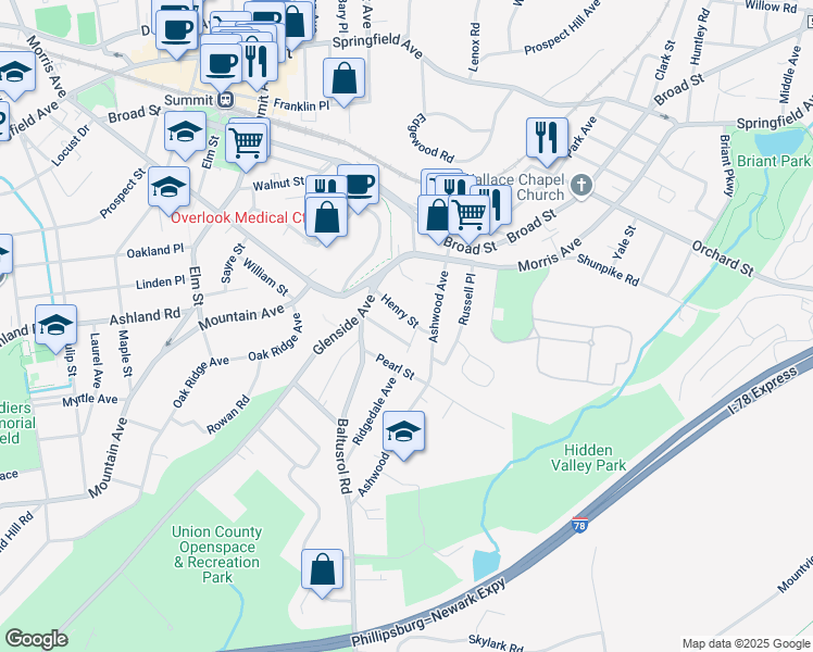 map of restaurants, bars, coffee shops, grocery stores, and more near 9 Henry Street in Summit