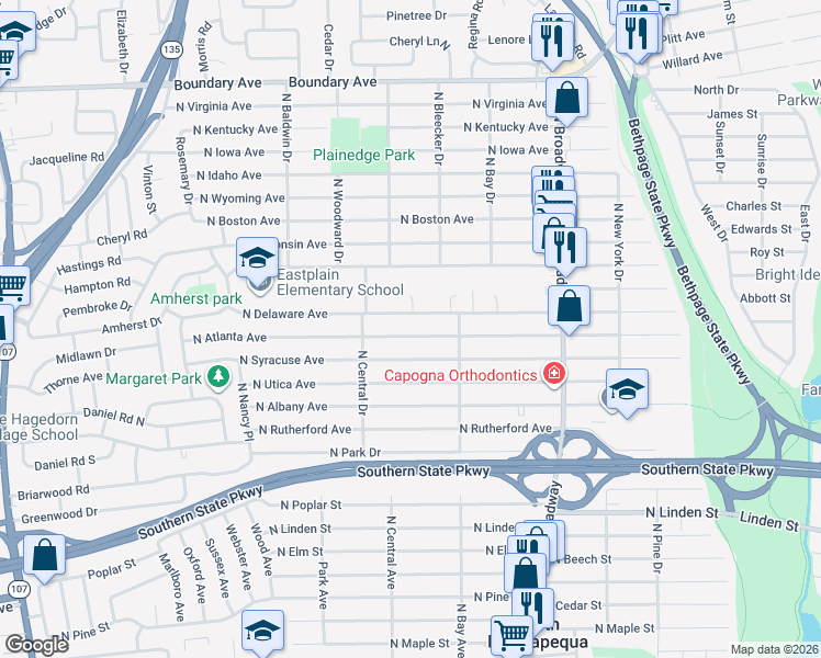 map of restaurants, bars, coffee shops, grocery stores, and more near 273 North Atlanta Avenue in Massapequa