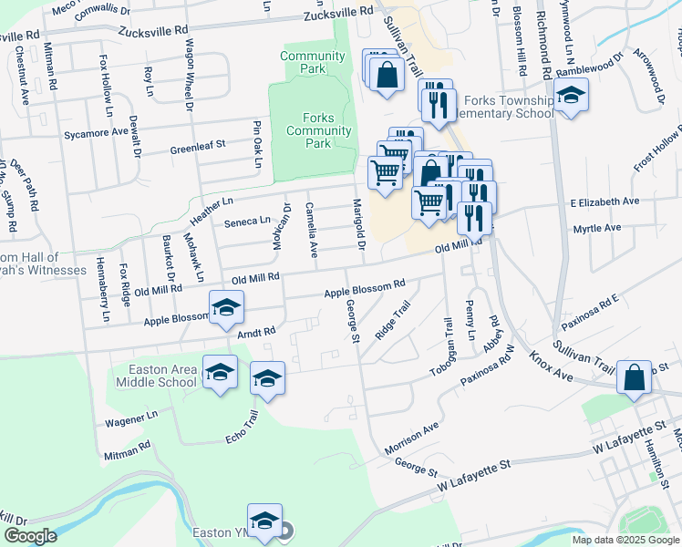 map of restaurants, bars, coffee shops, grocery stores, and more near 500 Old Mill Road in Easton