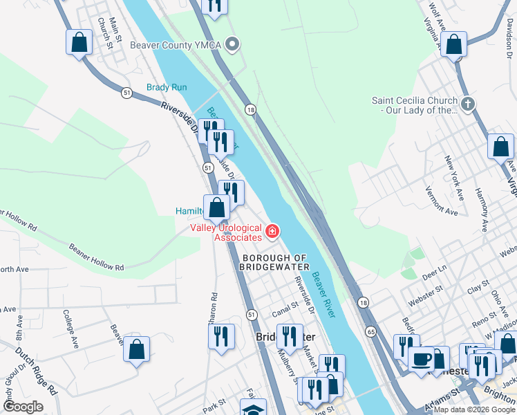 map of restaurants, bars, coffee shops, grocery stores, and more near 1440 Riverside Drive in Bridgewater